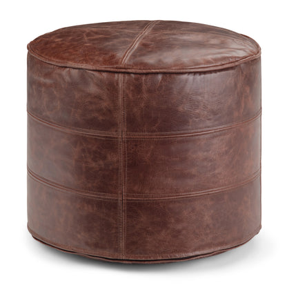 Round Leather Pouf, 18in dia x 14in h, Bead-Filled Footstool for Living Room or Bedroom, Distressed Brown