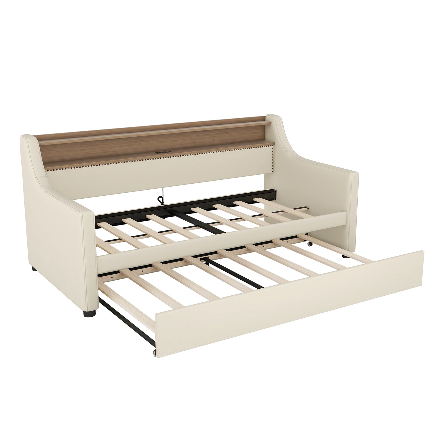 Beige Twin Size Upholstered Daybed with Trundle, USB Charging Station & LED Lighting