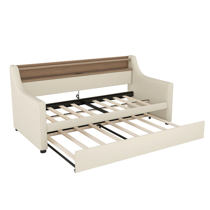Beige Twin Size Upholstered Daybed with Trundle, USB Charging Station & LED Lighting
