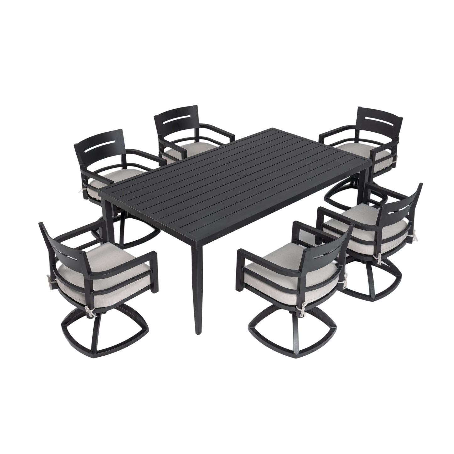 7-Piece Aluminum Dining Set with 6 Swivel Rockers, Umbrella Hole Rectangle Table Seats 6 Ember Black
