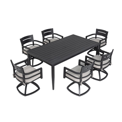 7-Piece Aluminum Dining Set with 6 Swivel Rockers, Umbrella Hole Rectangle Table Seats 6 Ember Black