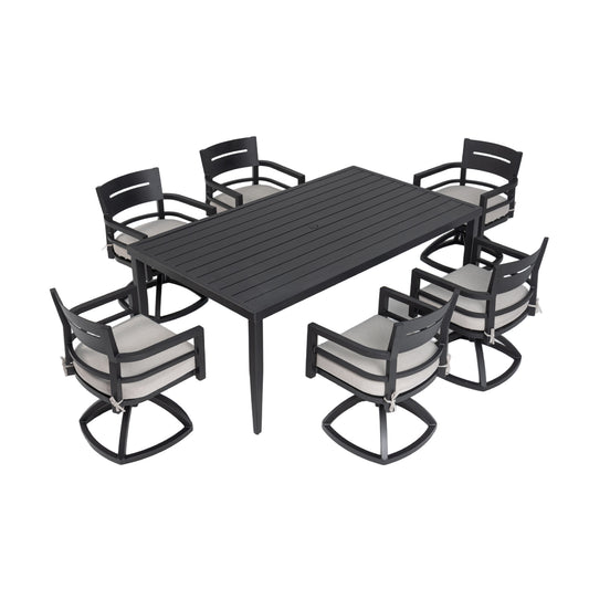 7-Piece Aluminum Dining Set with 6 Swivel Rockers, Umbrella Hole Rectangle Table Seats 6 Ember Black