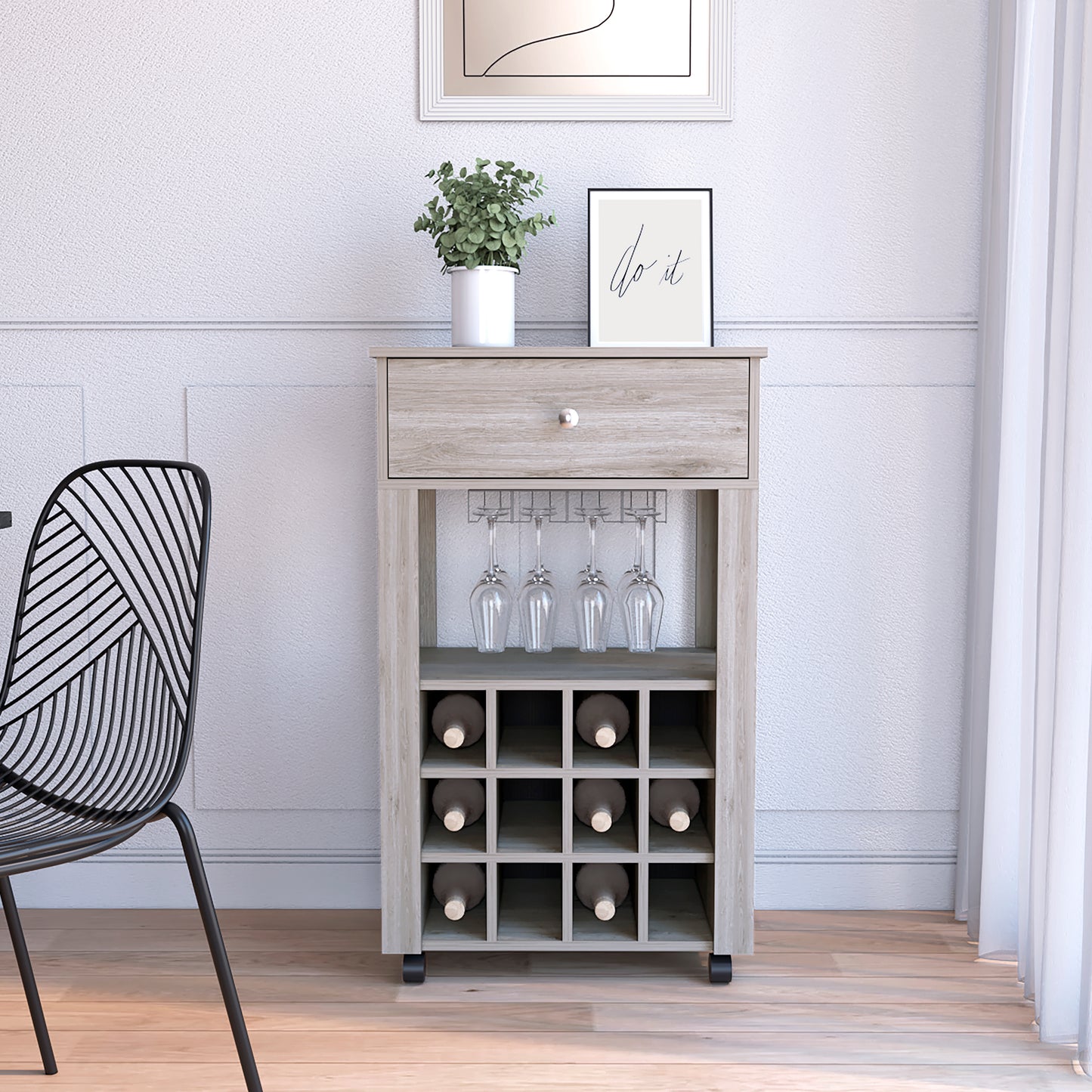Modern Light Gray Wine Cart With Drawer And Cubbies