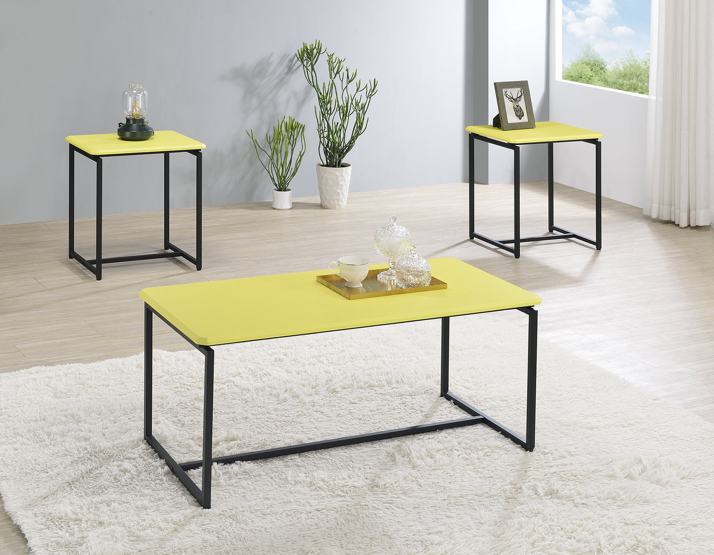 Three-Piece Carbon Fiber Wrapped Coffee Table and End Tables Set, MDF Tops, Metal Frame, Yellow
