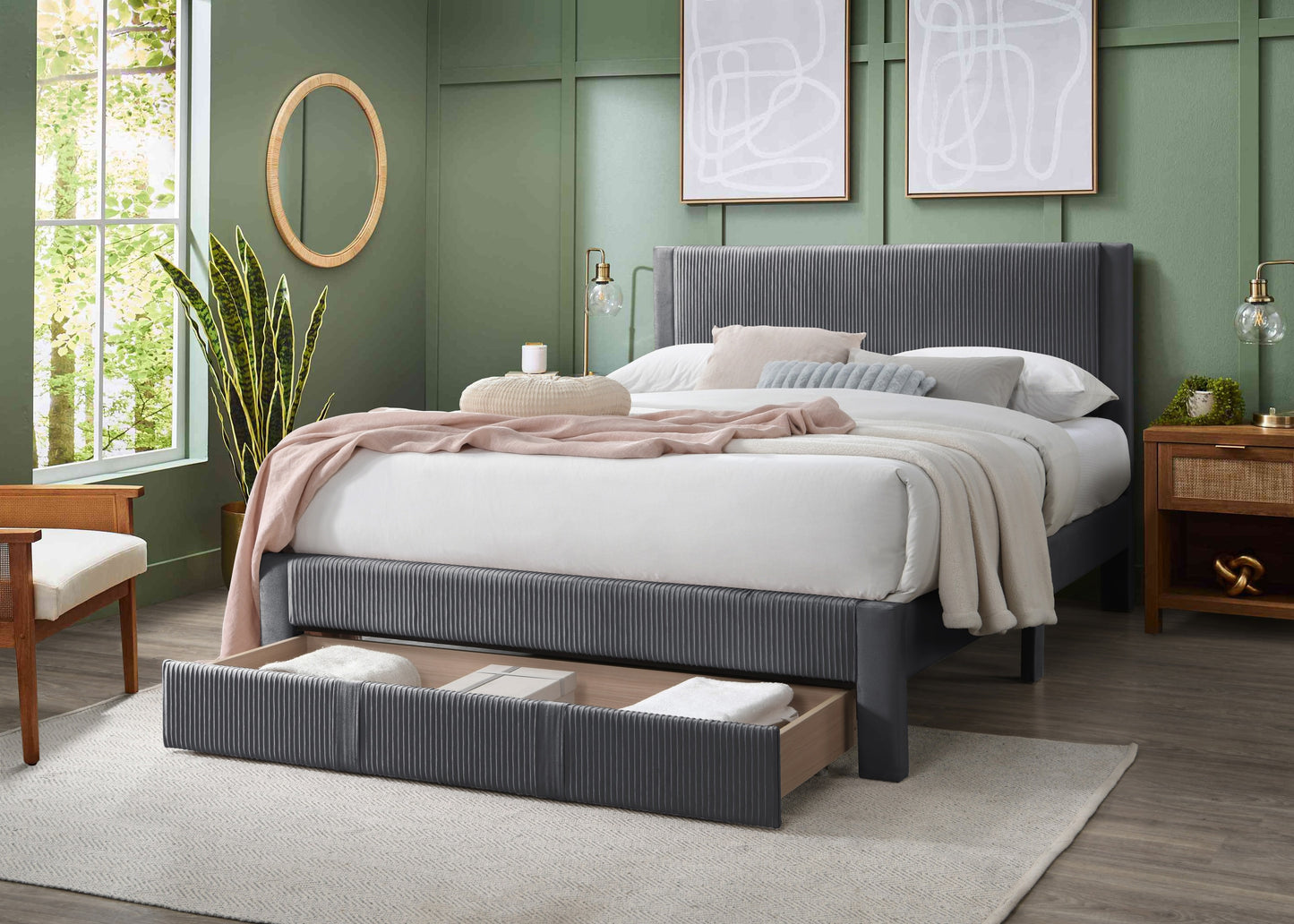 Modern Charcoal Corduroy Upholstered Queen Size Platform Bed with Storage Drawer