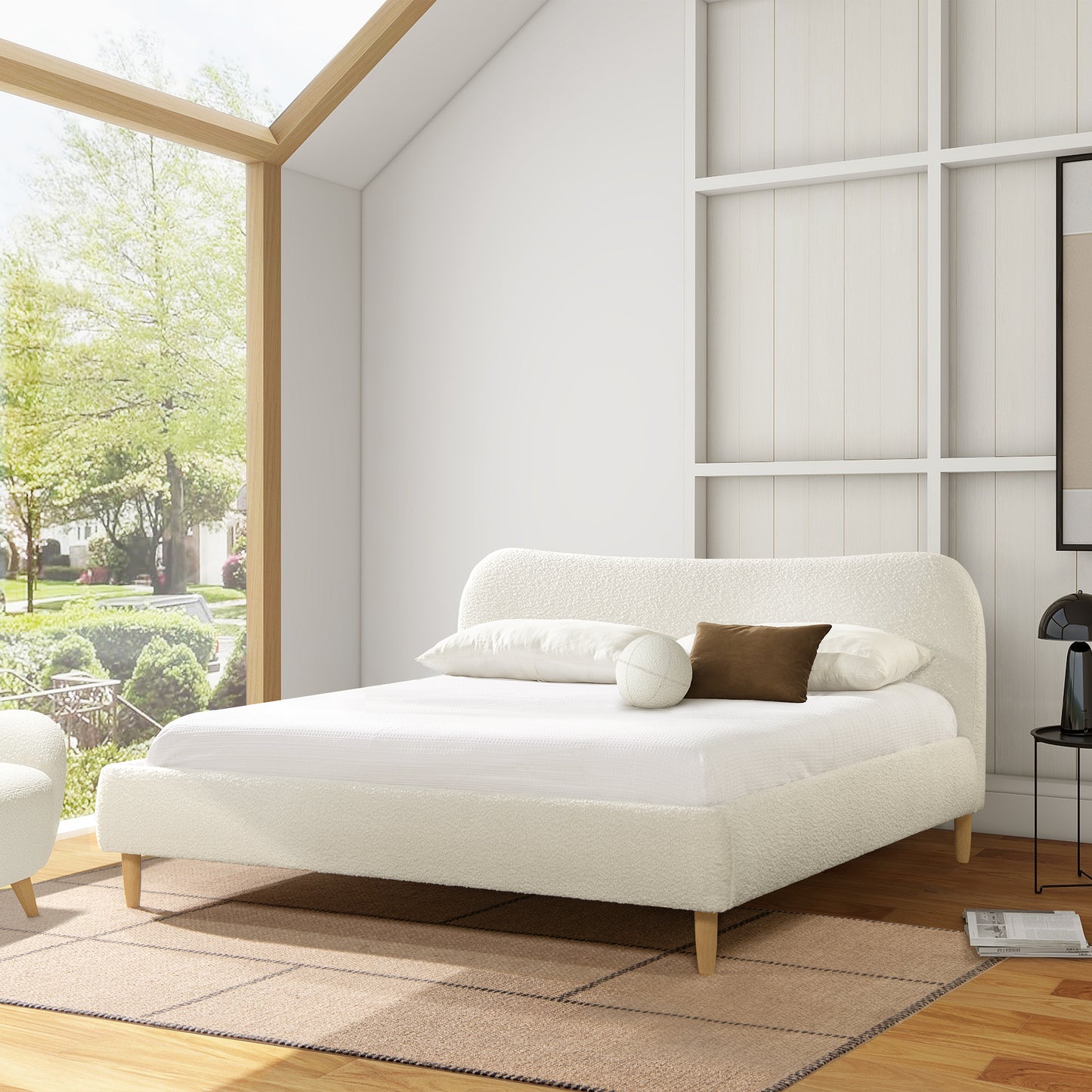 Ivory White Boucle King Platform Bed with Curved Upholstered Headboard