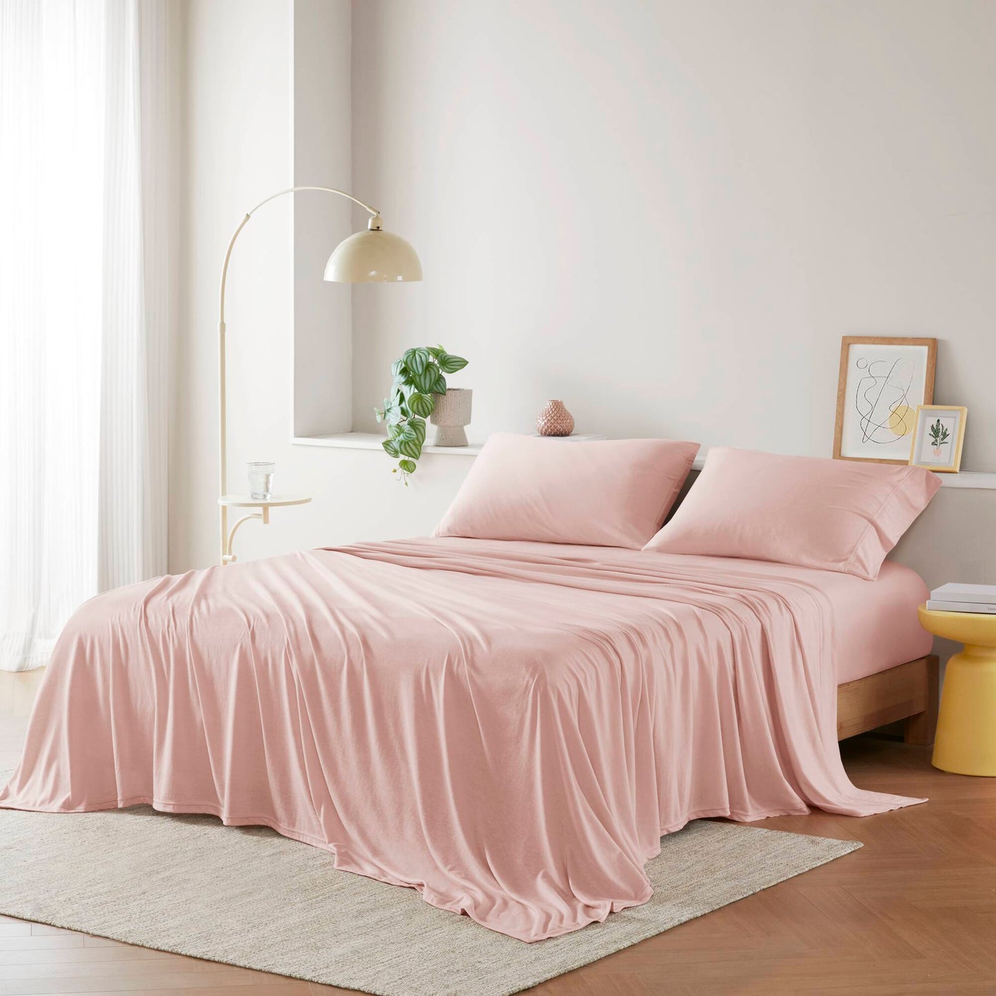 Queen All-Season Cotton-Blend Jersey Knit Sheet Set Bedroom 50/50 Cotton-Poly, 2 Pillowcases Blush
