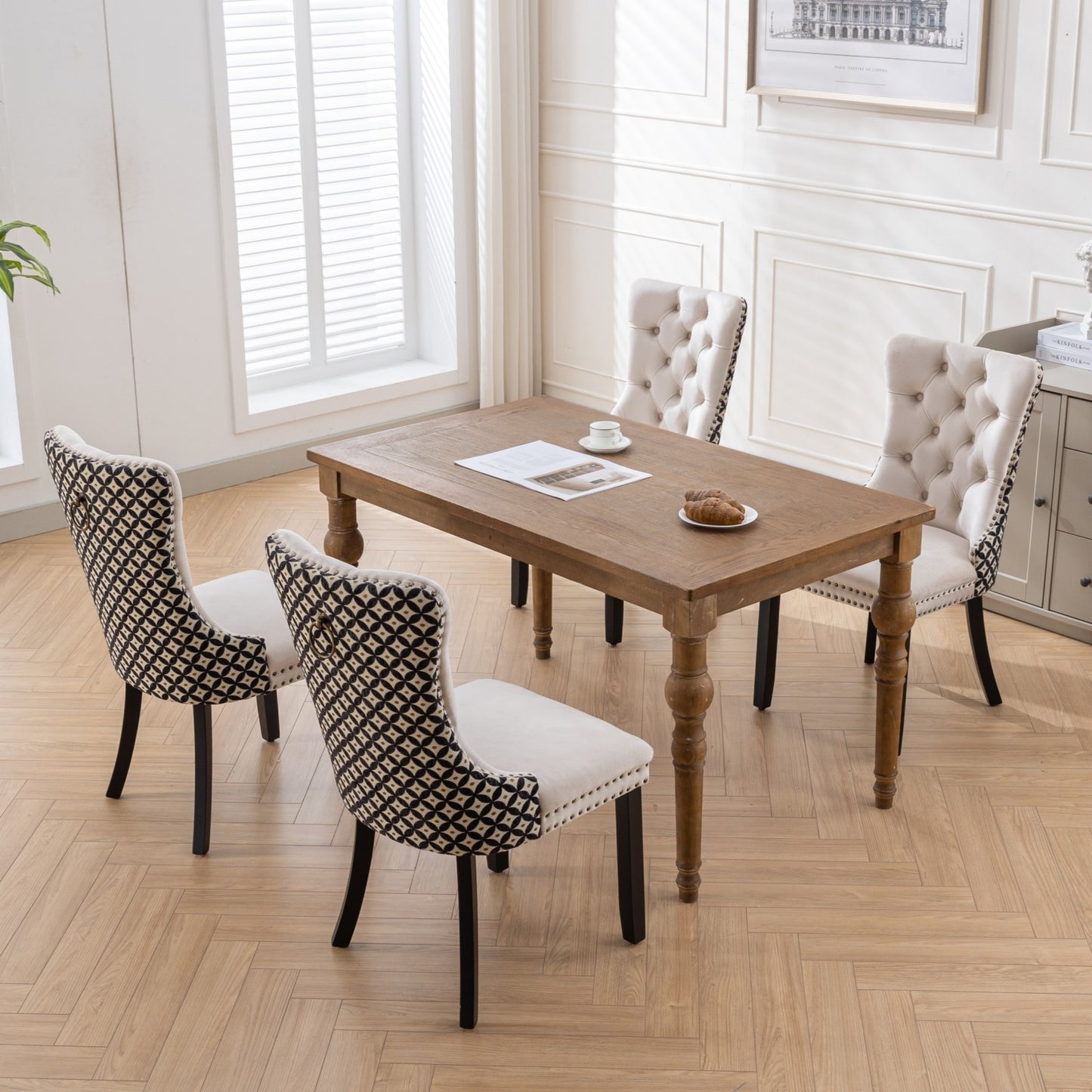 Set of 2 Velvet Tufted Dining Chairs with Nailhead Trim, Rubberwood Legs, Mid-Century, Beige