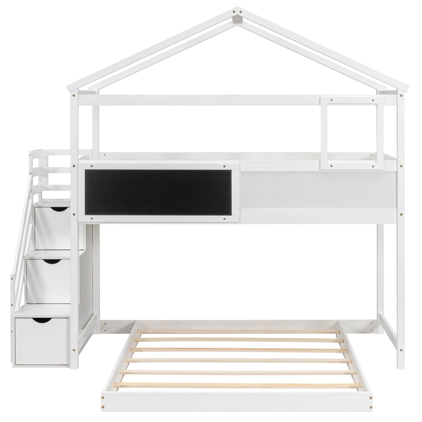 Whimsical Twin over Full House Bunk Bed with Storage Steps and Blackboard, White
