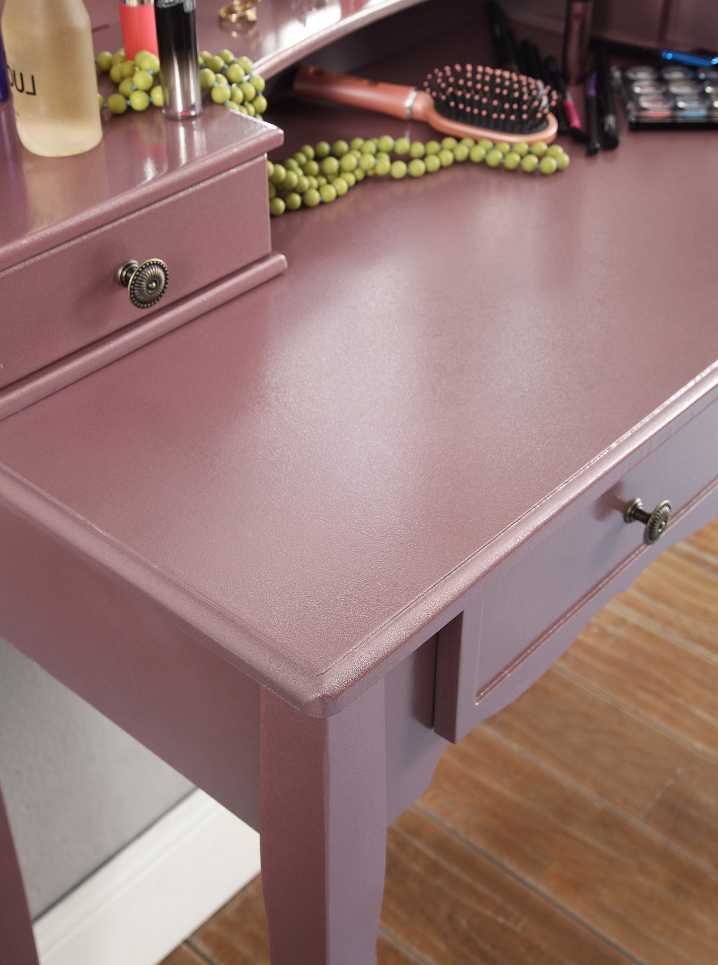 Wooden Vanity Makeup Table and Stool Set with Large Mirror, Storage Drawers, Drawer Organizer for Bedroom, Rose Gold