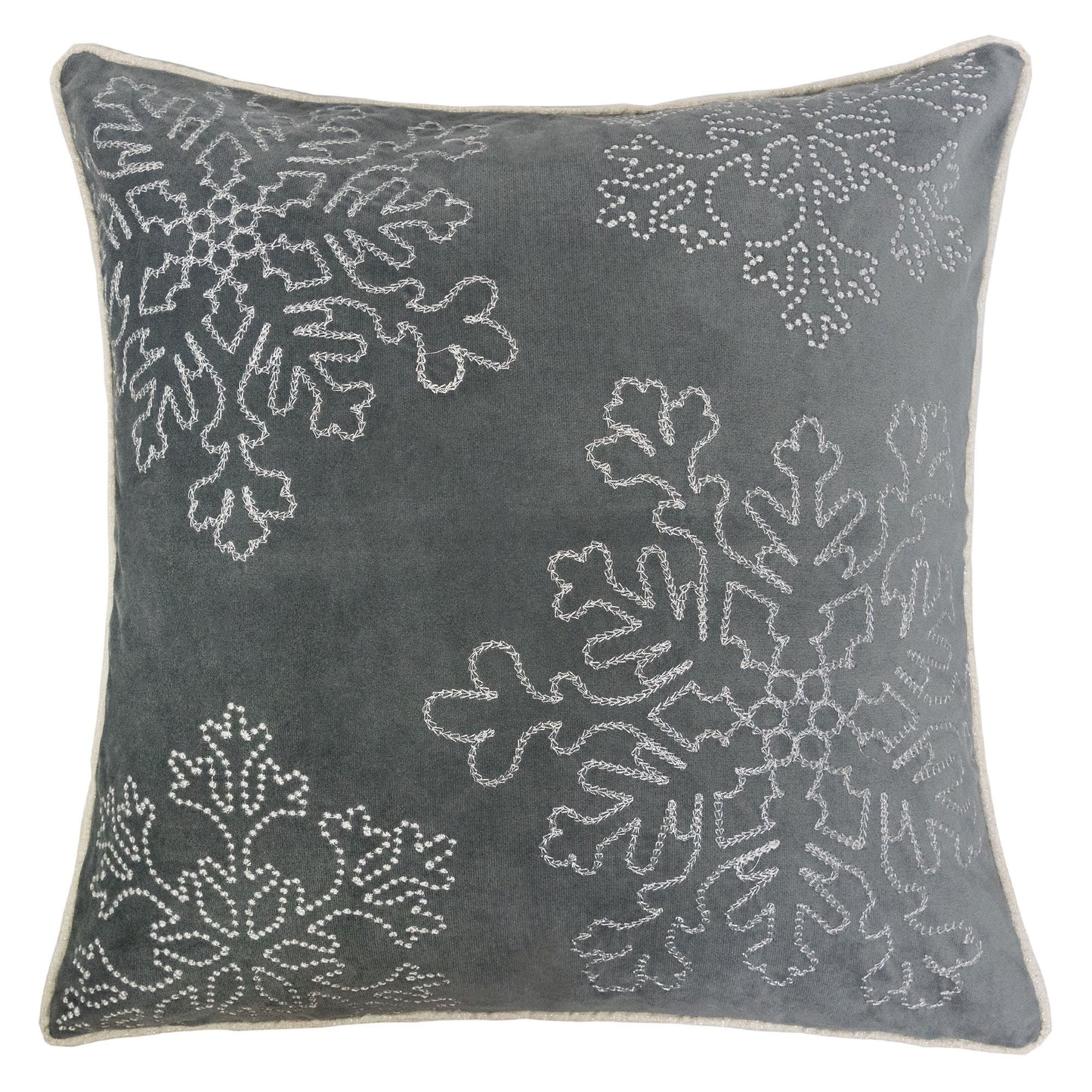 20x20 Inch Velvet Holiday Throw Pillow with Silver Snowflake Embroidery, Includes Insert, Zipper Gray