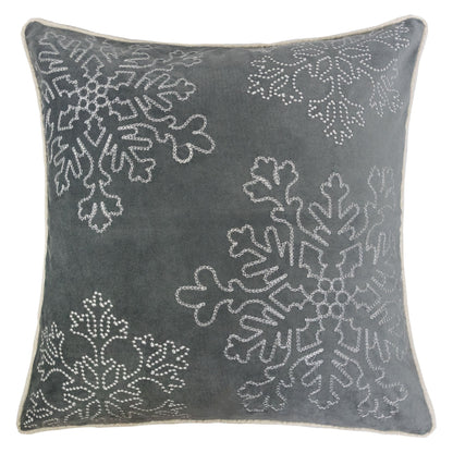20x20 Inch Velvet Holiday Throw Pillow with Silver Snowflake Embroidery, Includes Insert, Zipper Gray