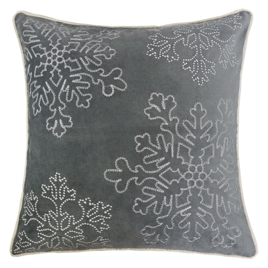 20x20 Inch Velvet Holiday Throw Pillow with Silver Snowflake Embroidery, Includes Insert, Zipper Gray