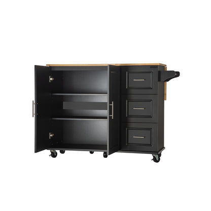 Mobile Kitchen Island with Rubber Wood Top, Adjustable Shelves & Spice Rack - Black-Beech Finish