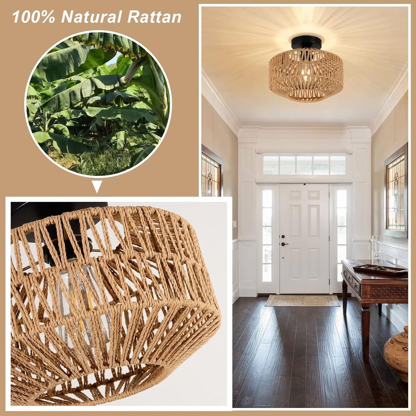 Hand-Woven Rattan Ceiling Chandelier - Flush Mount, Dimmable LED Included, Boho Hallway & Bedroom Brown