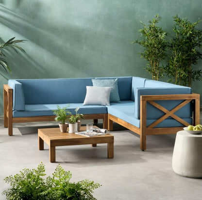 X Back 4 Piece Sofa Set With Acacia Wood Frame For Outdoor Patio, 58.25 In Length By 30.25 In Width, Modern Set Blue