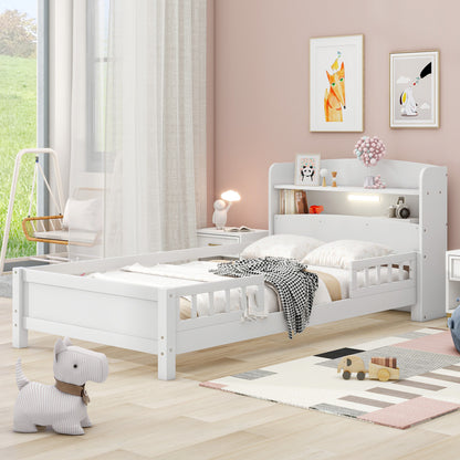 Elegant White Twin Platform Bed with LED Light, Storage Headboard, and Safety Guardrails