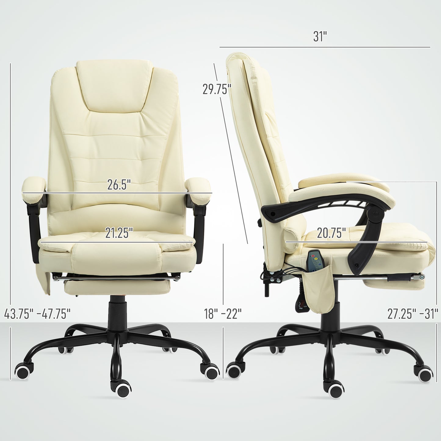 Cream White 7-Point Vibrating Massage Office Chair with Reclining Back and Footrest, Ergonomic Design for Ultimate Comfort