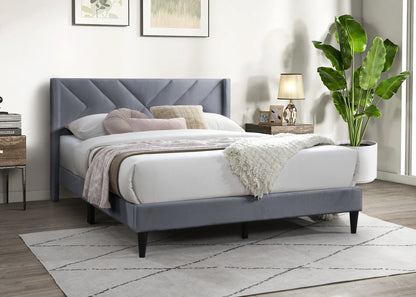 Stylish Gray Velvet Queen Bed Frame with Geometric Headboard – Modern Upholstered Design