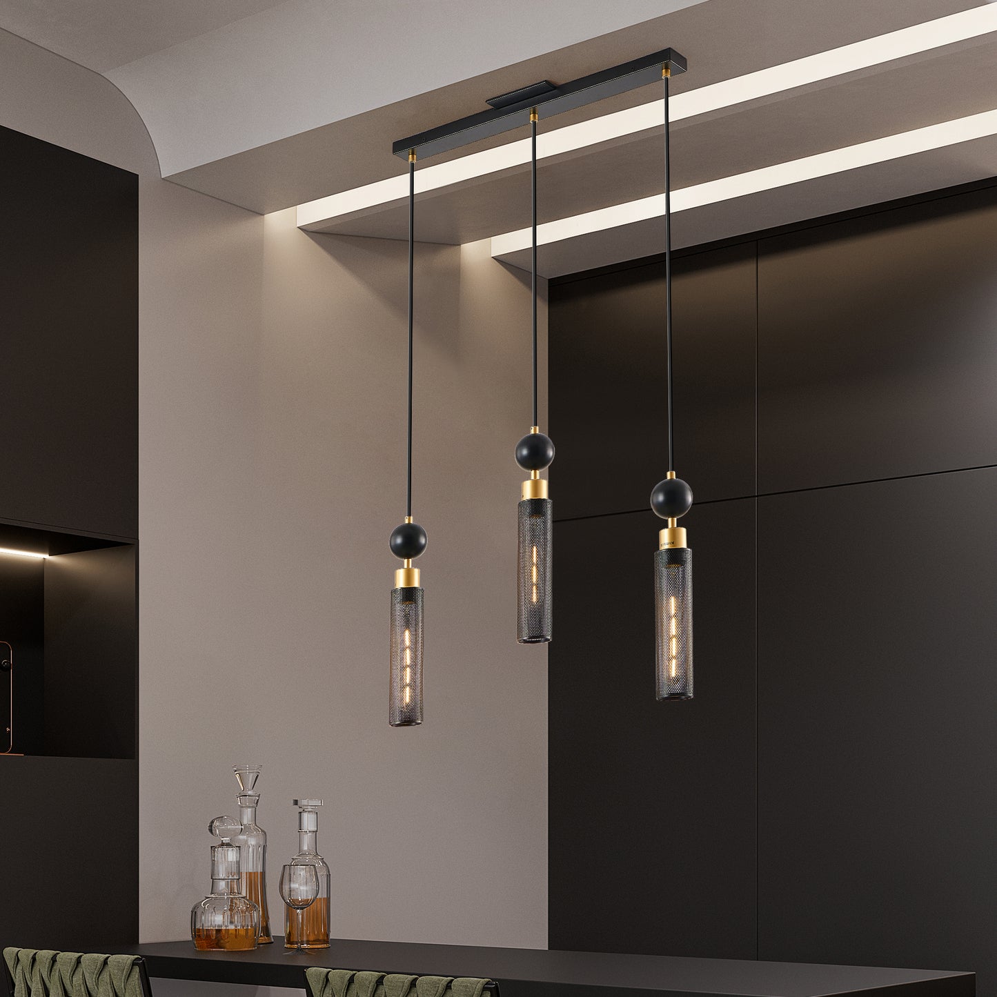 3-Light Pendant with Mesh Shades, Adjustable, E26 Base, Dining Room, Kitchen Island — Black & Gold Finish
