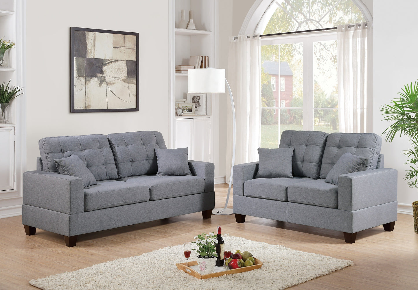 Contemporary 2-Piece Sofa and Loveseat Set with Tufted Cushions, Linen-Style Polyfiber, 72in + 56in, Grey