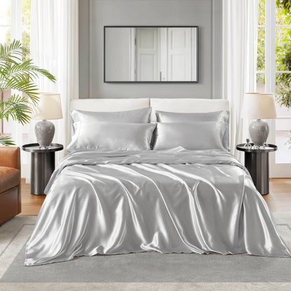 4-Piece Twin Satin Sheet Set: Flat & Fitted Sheets, 14in Pockets, 4 Pillowcases, Polyester Light Grey