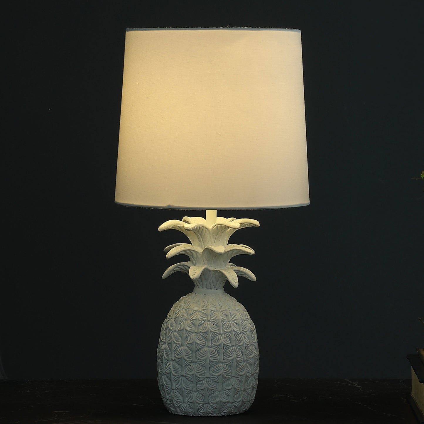 Pineapple Table Lamp, 17-Inch Polyresin Body, Cotton/Linen Drum Shade, E26 Bulb Compatible, Cottage White