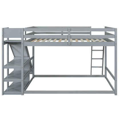 Gray Full Over Full Bunk Bed with Slide, Ladder, and Storage Shelves