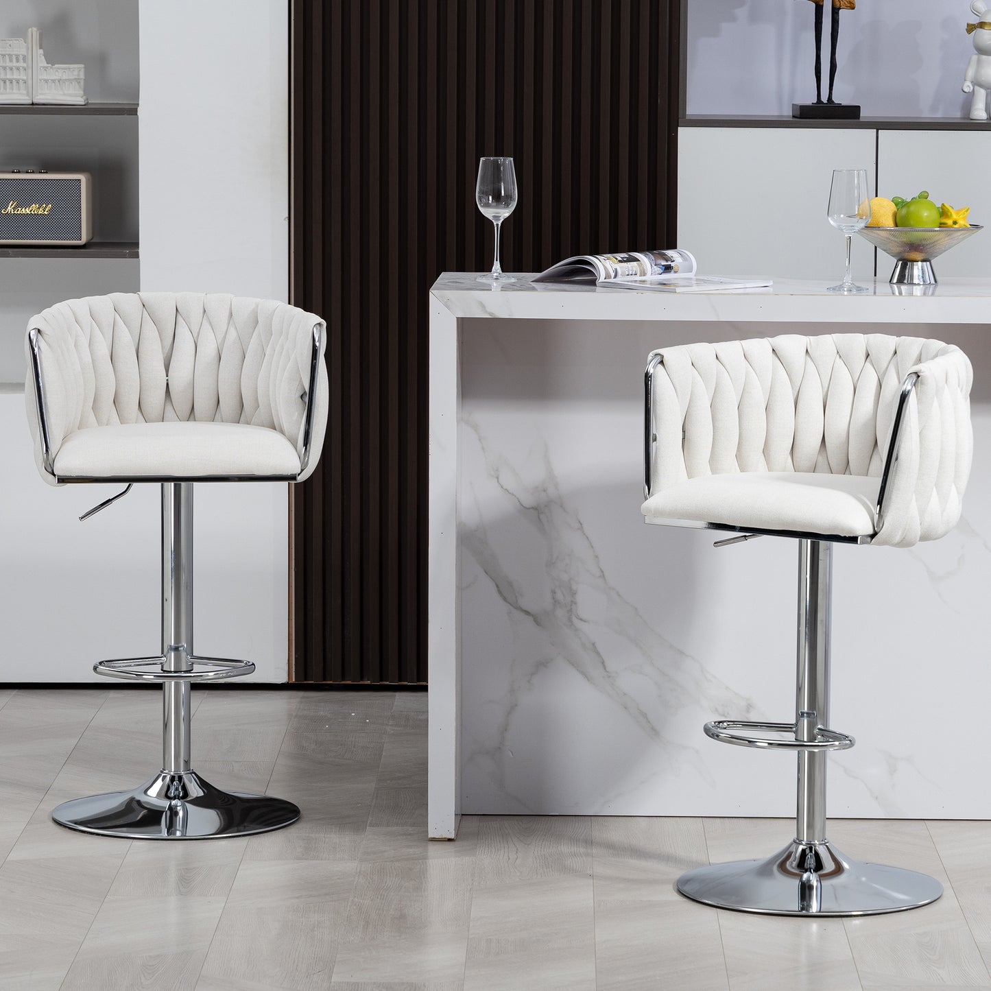 Counter-Height Bar Stools Set of 2, 360° Swivel, Fabric Cushions, Woven-Back, Foam-Padded, Beige