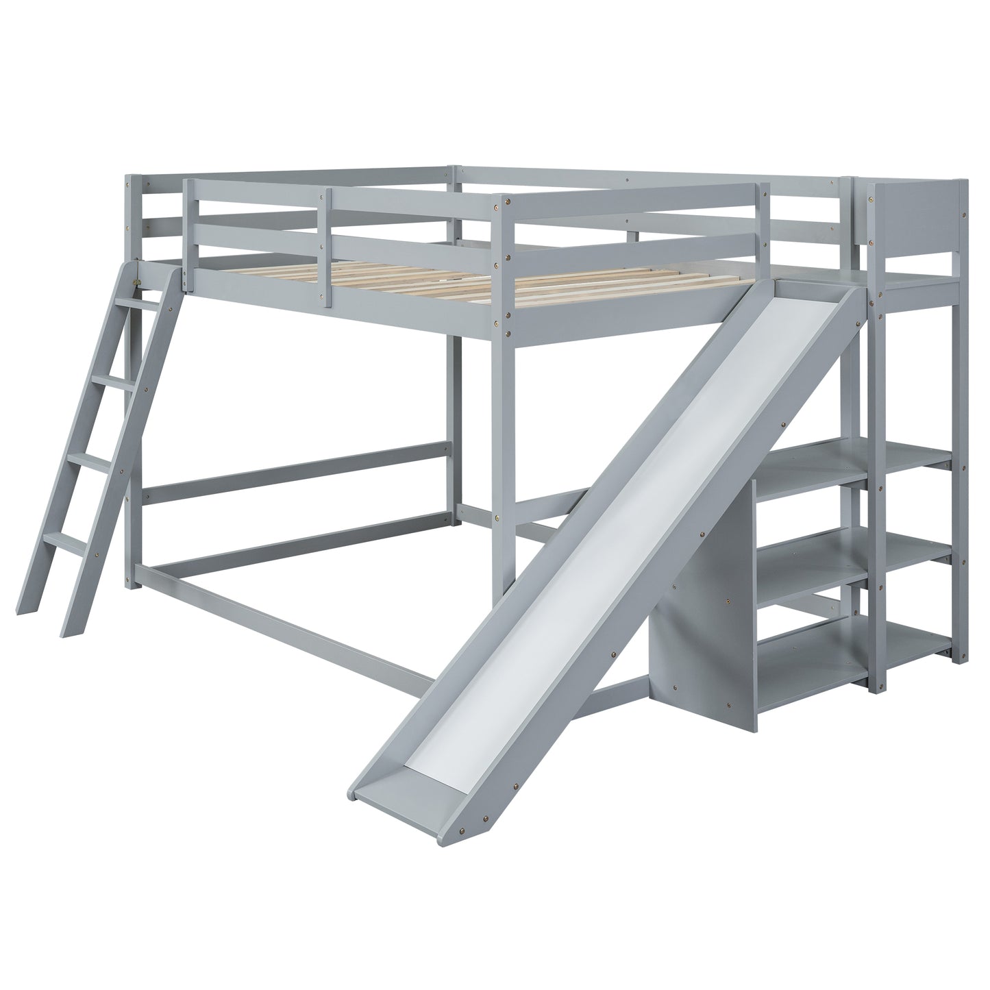 Gray Full Over Full Bunk Bed with Slide, Ladder, and Storage Shelves