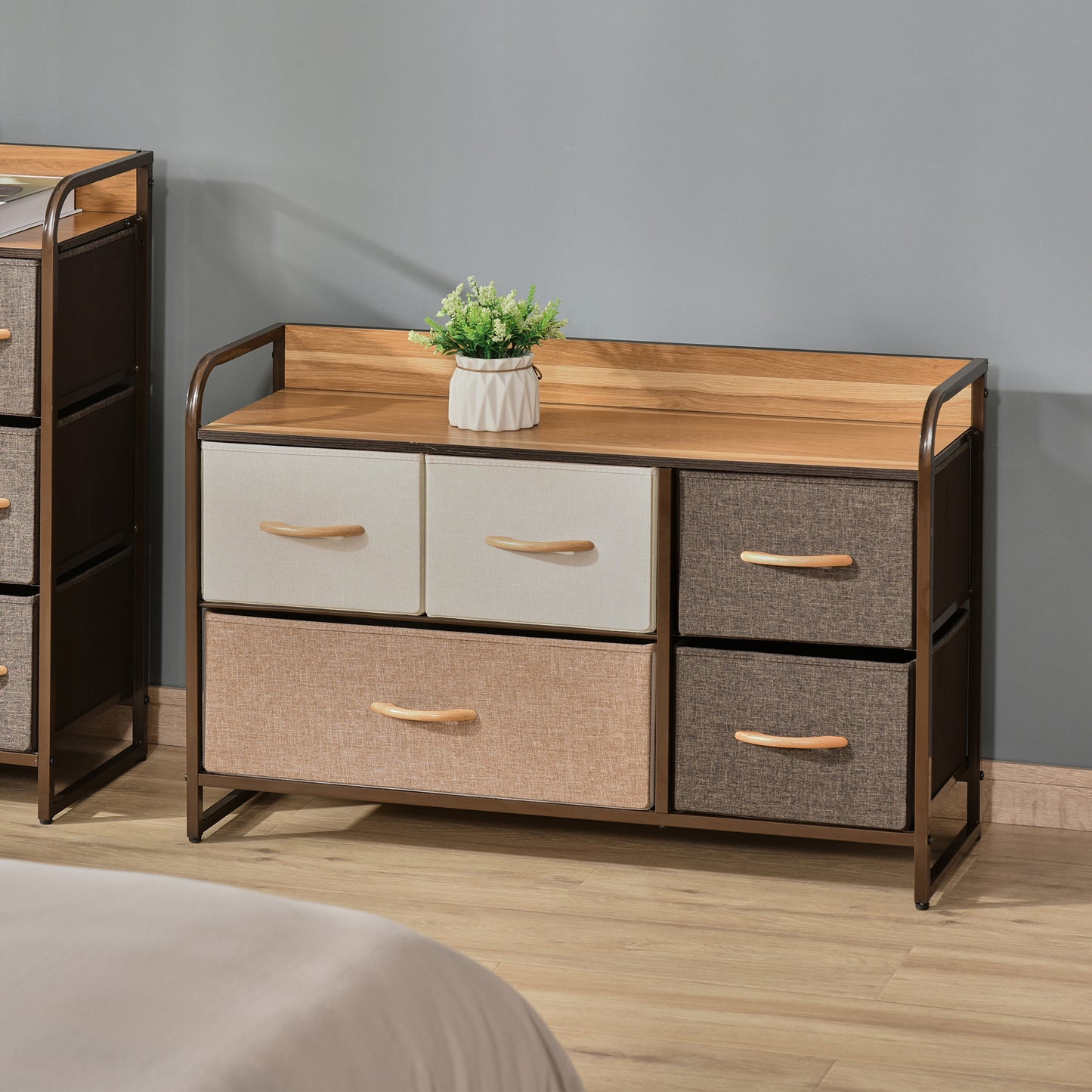HOMCOM 5-Drawer Fabric Dresser with Wooden Top - Portable Storage Organizer for Bedroom and Entryway