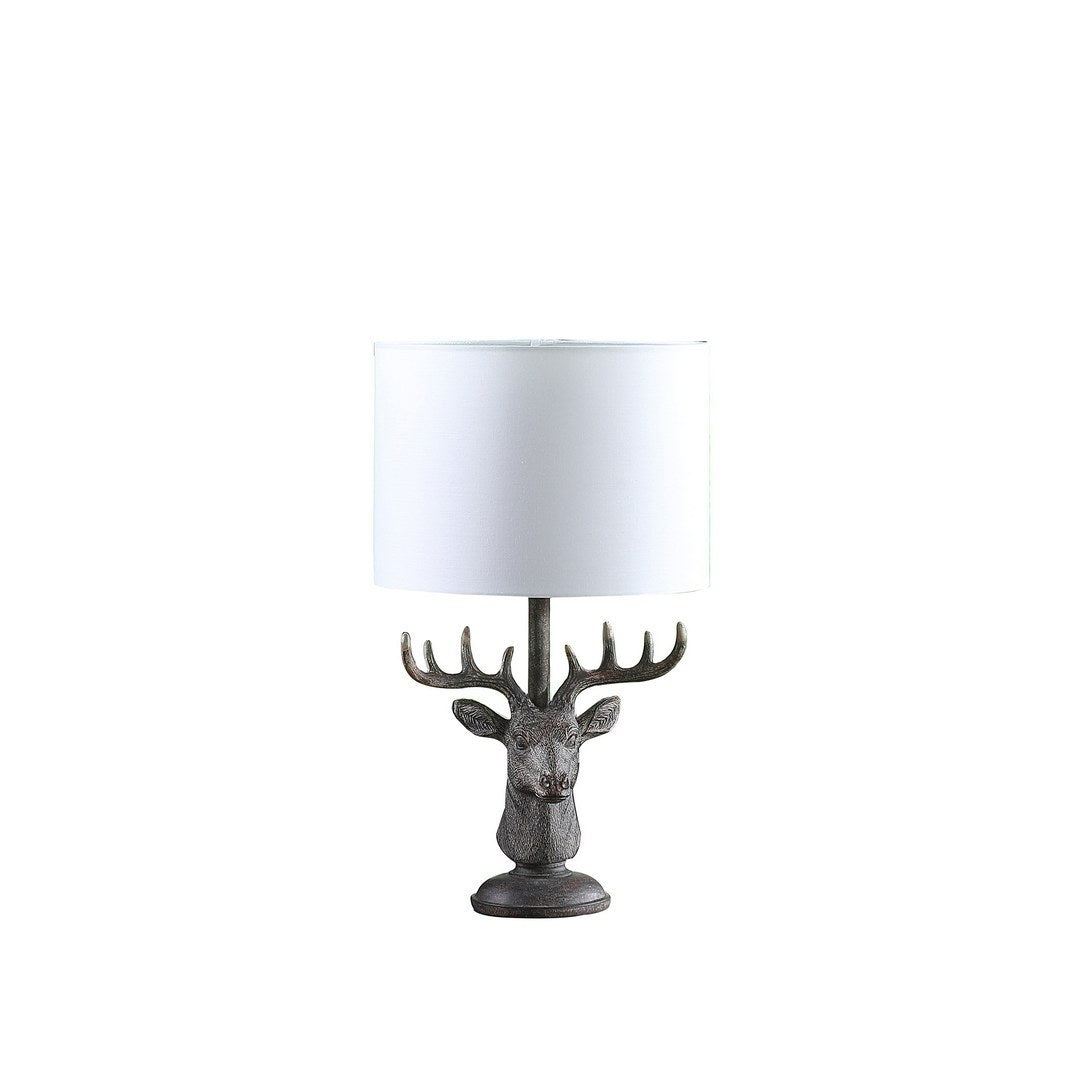 18-Inch Elk Bust Table Lamp in Polyresin with White Linen Shade, Inline On/Off, E26, 100W Max, Gray