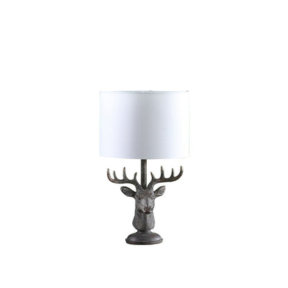 18-Inch Elk Bust Table Lamp in Polyresin with White Linen Shade, Inline On/Off, E26, 100W Max, Gray