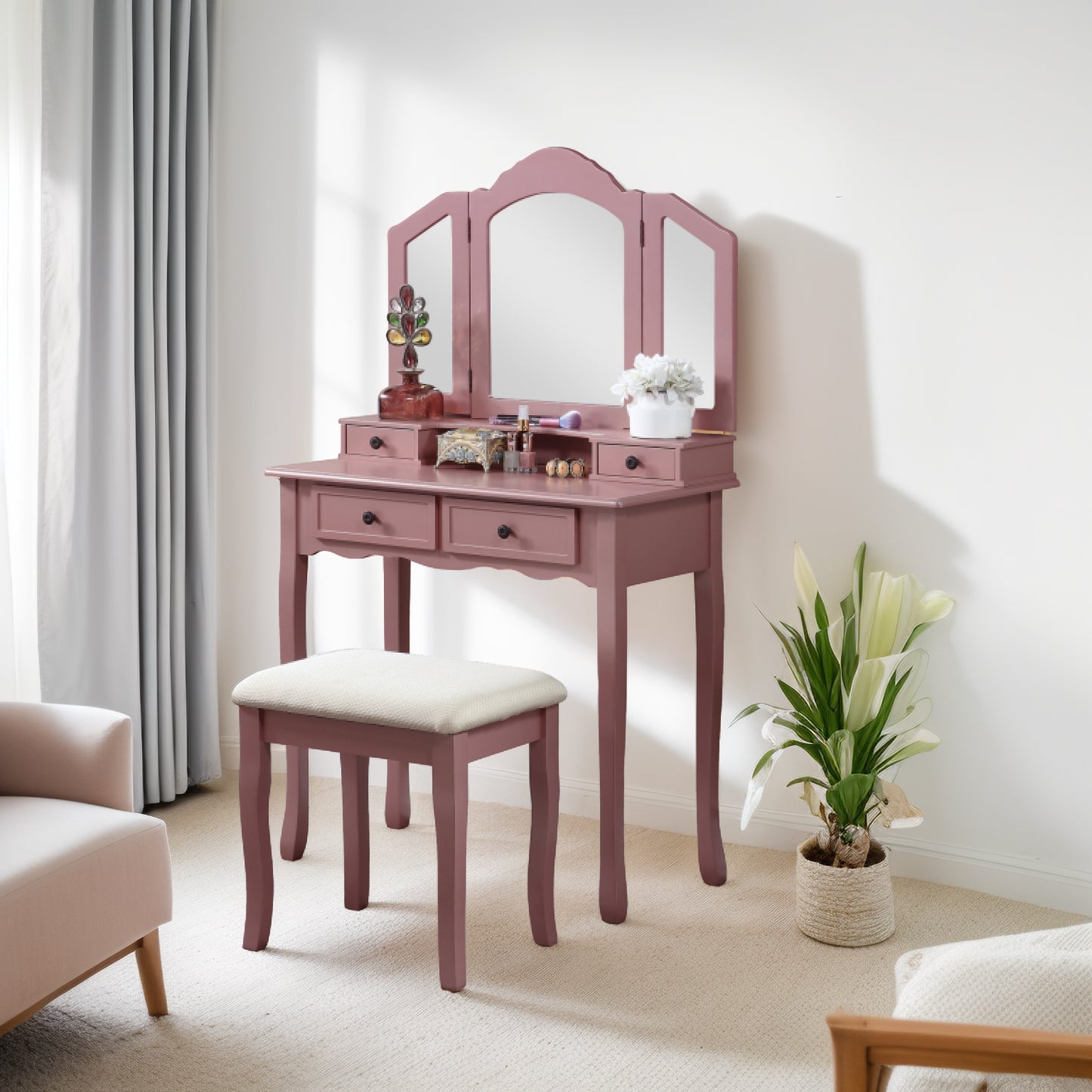 Wooden Vanity Makeup Table and Stool Set with Large Mirror, Storage Drawers, Drawer Organizer for Bedroom, Rose Gold