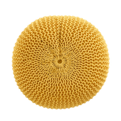 Round Knitted Cotton Pouf Ottoman, 20x20x12in Bead-Filled Floor Cushion for Seating 200 lb Capacity Yellow