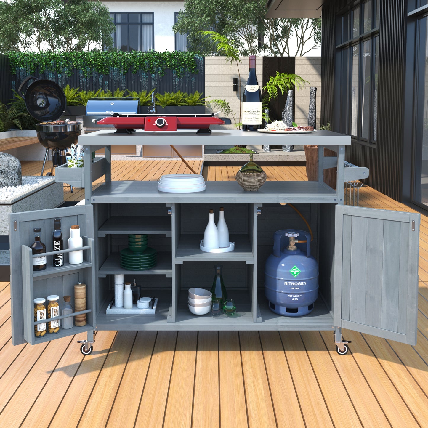 Rolling Outdoor Kitchen Island with Stainless Steel Top, Grey Blue Fir Wood Bar Cart & Storage Cabinet for BBQ and Garden Parties
