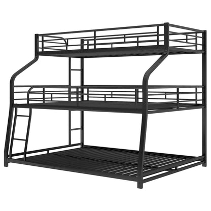 Metal Triple Bunk Bed in Black for Twin XL, Full XL, and Queen Sizes with Dual Ladders and Full-Length Guardrails