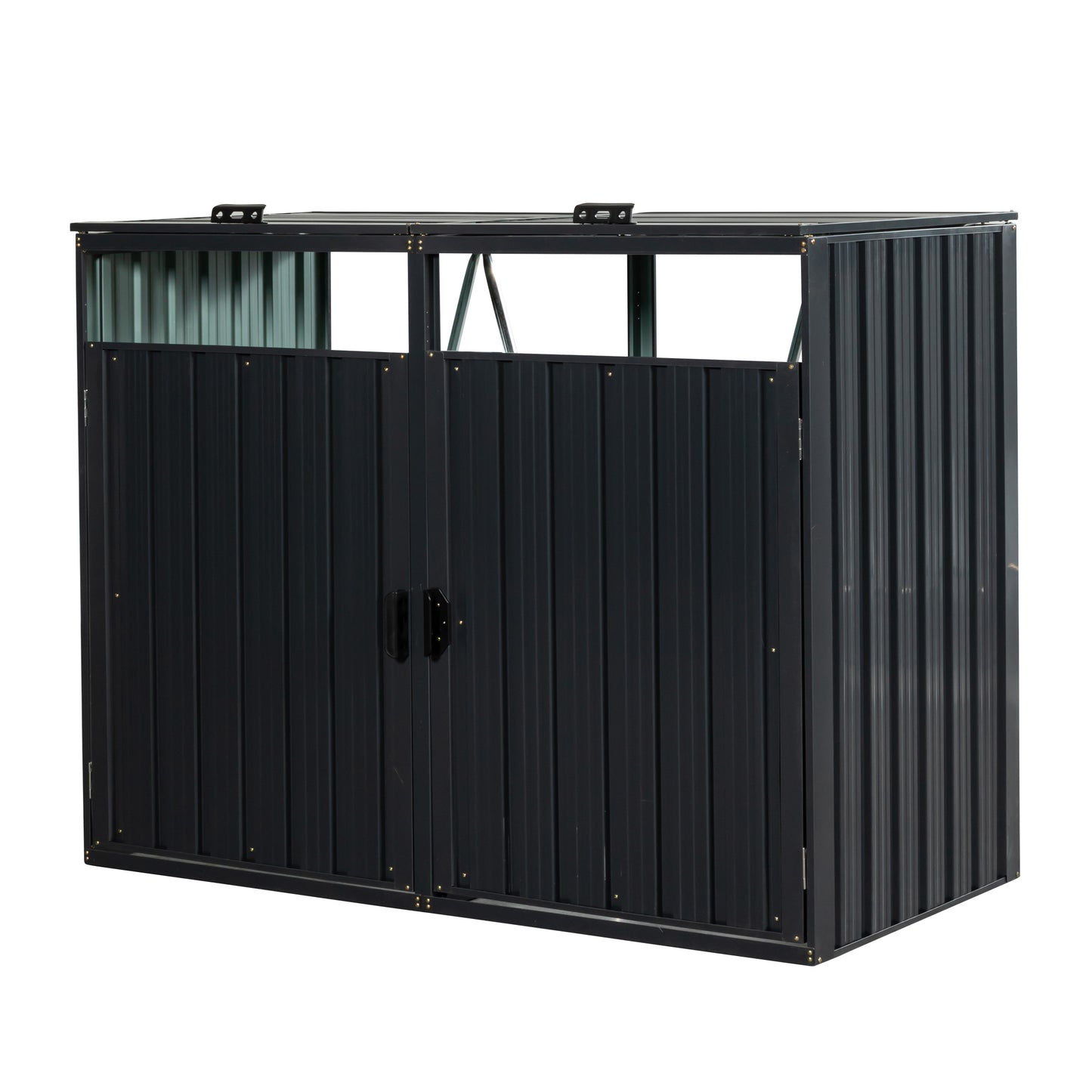 Outdoor Metal Garbage Bin Shed With Two Cans Weatherproof Iron Construction Large Capacity 63in L X 31in W Charcoal