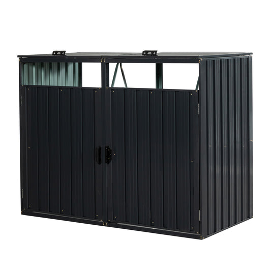 Outdoor Metal Garbage Bin Shed With Two Cans Weatherproof Iron Construction Large Capacity 63in L X 31in W Charcoal