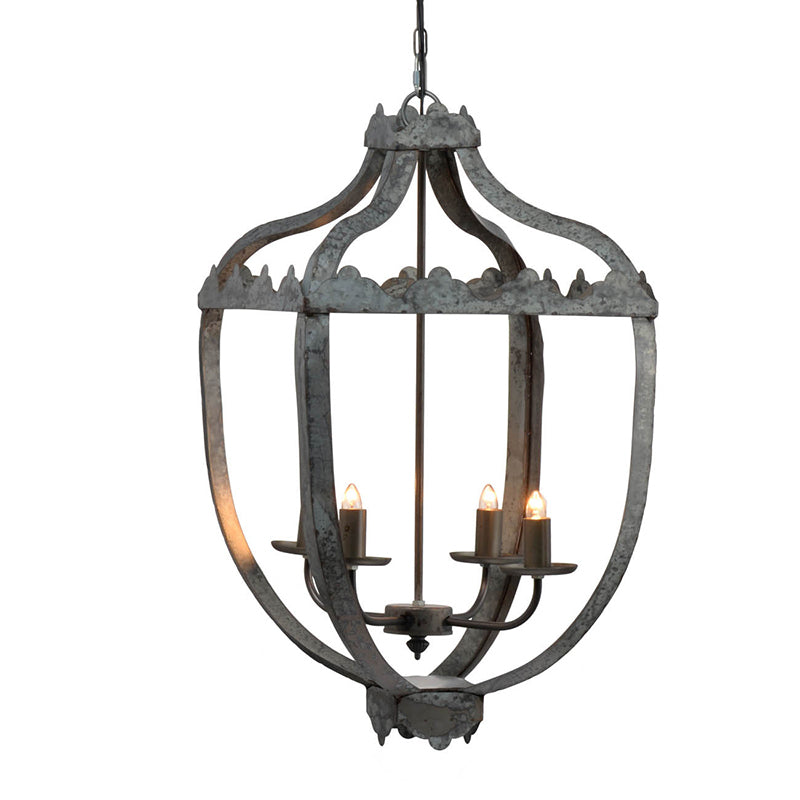 Four-Light Iron Chandelier with Adjustable Chain for Kitchen or Dining — 15.7in Square, Gray Rustic Finish