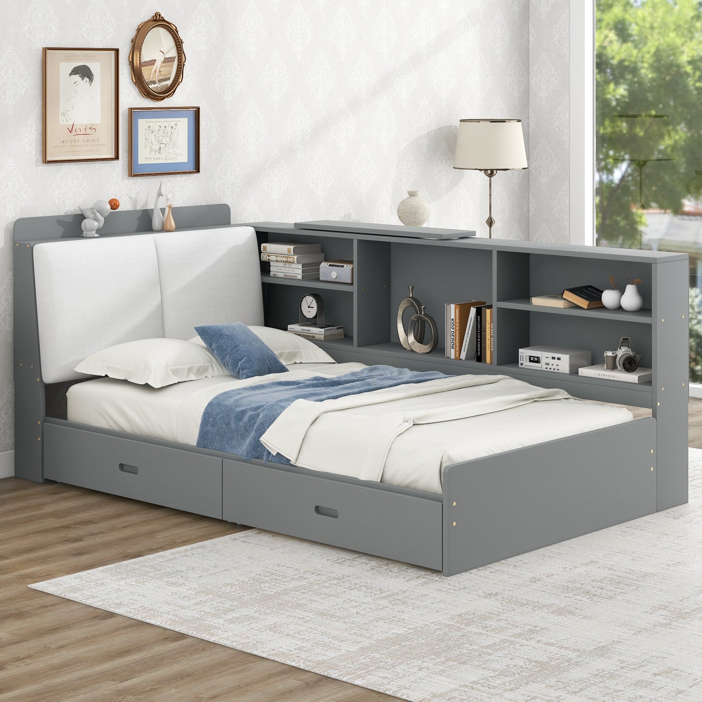 Gray Wood Twin Platform Bed with Storage Headboard, Shelves, and Dual Drawers