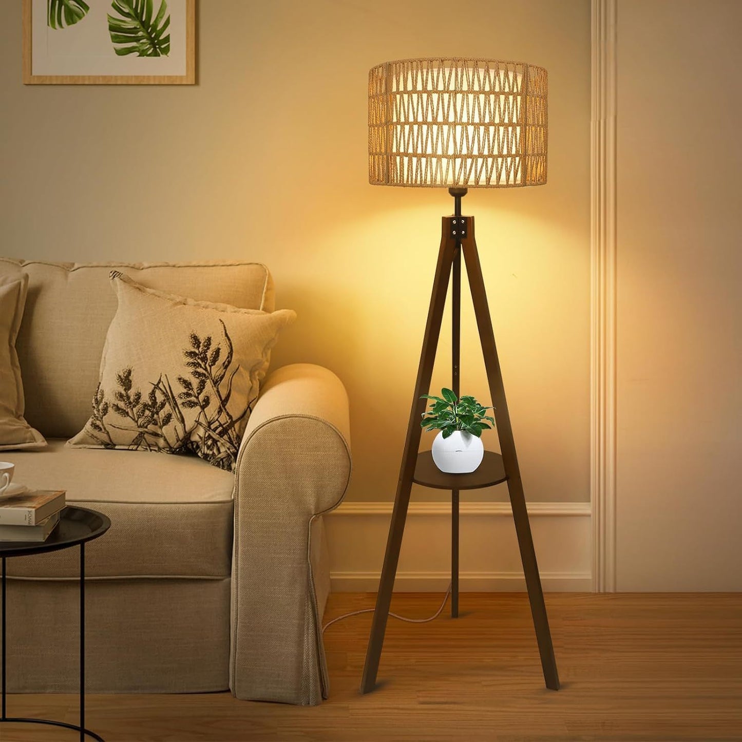 59-Inch Tripod Floor Lamp with Shelves, Wood Mid-Century Lamp with Rattan & Fabric Shades, On/Off Foot Switch, Brown