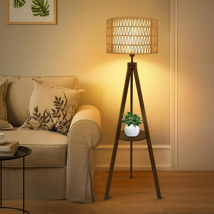 59-Inch Tripod Floor Lamp with Shelves, Wood Mid-Century Lamp with Rattan & Fabric Shades, On/Off Foot Switch, Brown