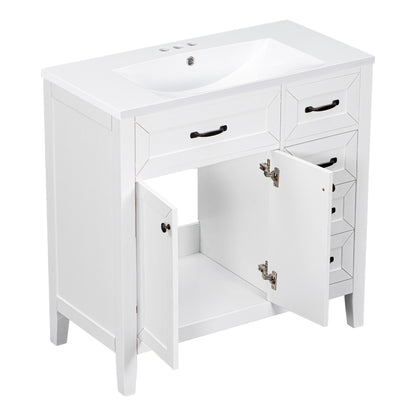 36-Inch White Freestanding Bathroom Vanity with Ceramic Sink and Storage Drawers