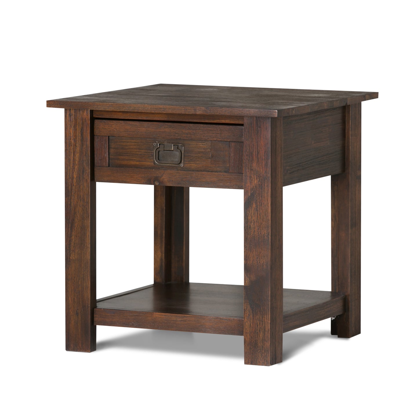 End Table, 22-Inch Square, Solid Acacia Wood, Drawer & Shelf, Rustic Farmhouse, Charcoal Brown