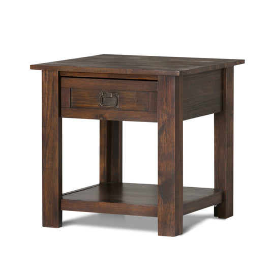 End Table, 22-Inch Square, Solid Acacia Wood, Drawer & Shelf, Rustic Farmhouse, Charcoal Brown