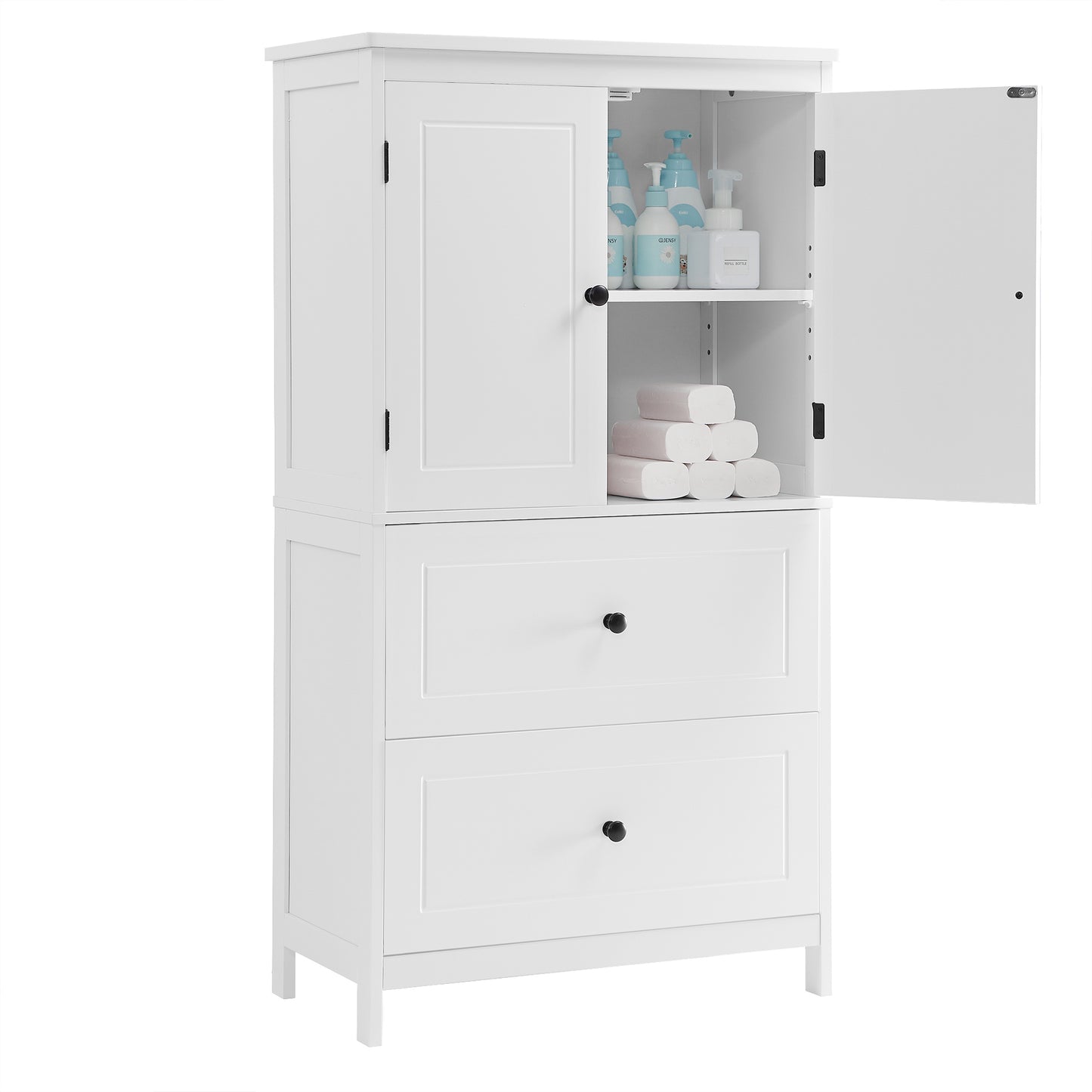 White MDF Bathroom Storage Cabinet with Adjustable Shelves, Two Doors, and Drawers