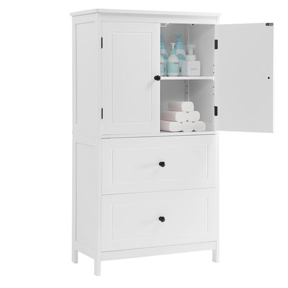 White MDF Bathroom Storage Cabinet with Adjustable Shelves, Two Doors, and Drawers