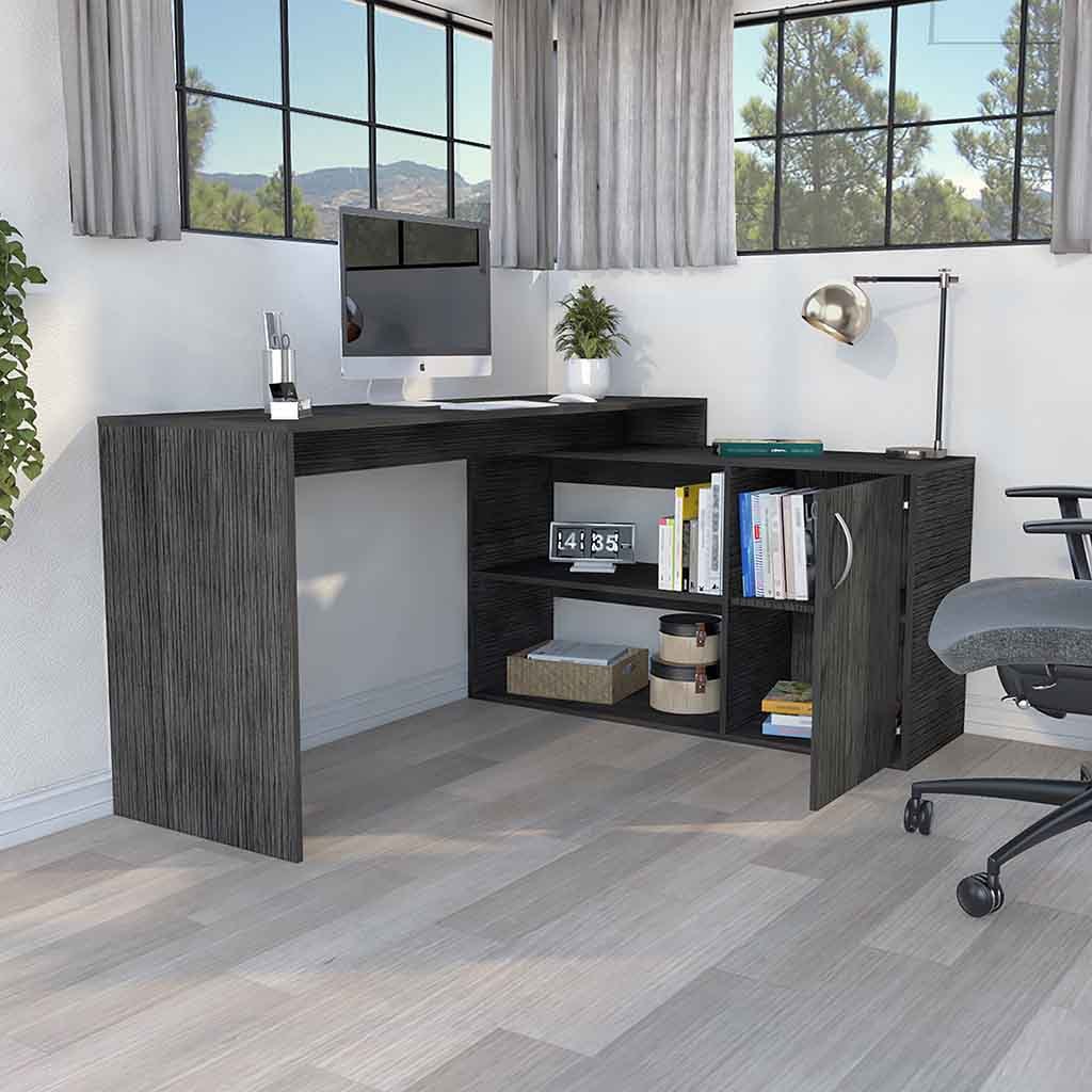 Contemporary L-Shaped Workstation Desk with Mixed Storage Options - Smokey Oak