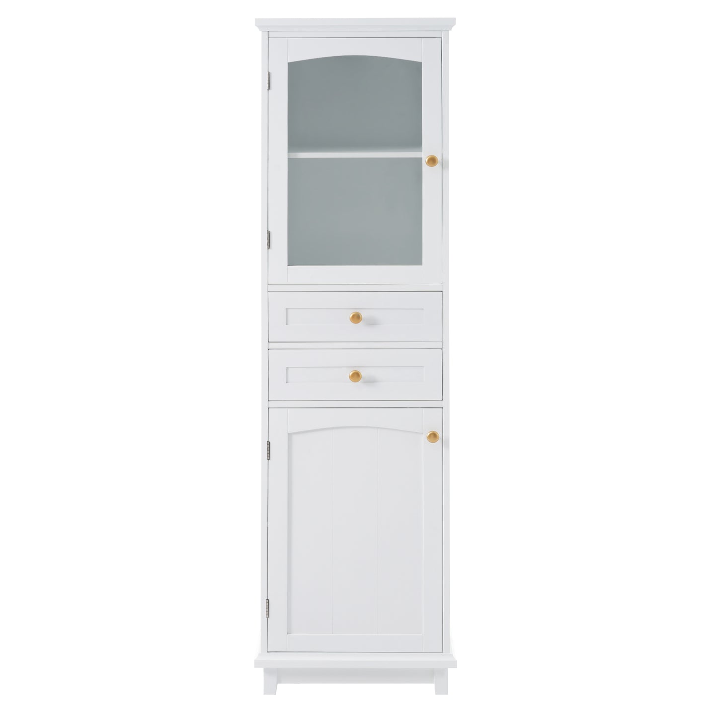 Elegant 63" Tall White Bathroom Storage Cabinet with Glass Doors, Two Drawers, Adjustable Shelves, and Anti-Tipping Design - Perfect for Organizing and Displaying Essentials